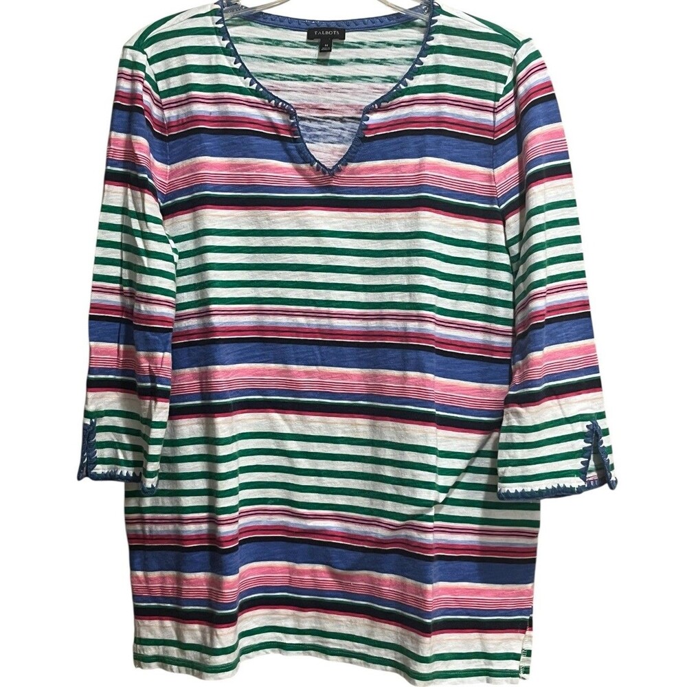 Talbots Women’s M Top 3/4 Sleeve Cotton /Linen Blend Striped V-Neck Embroidered